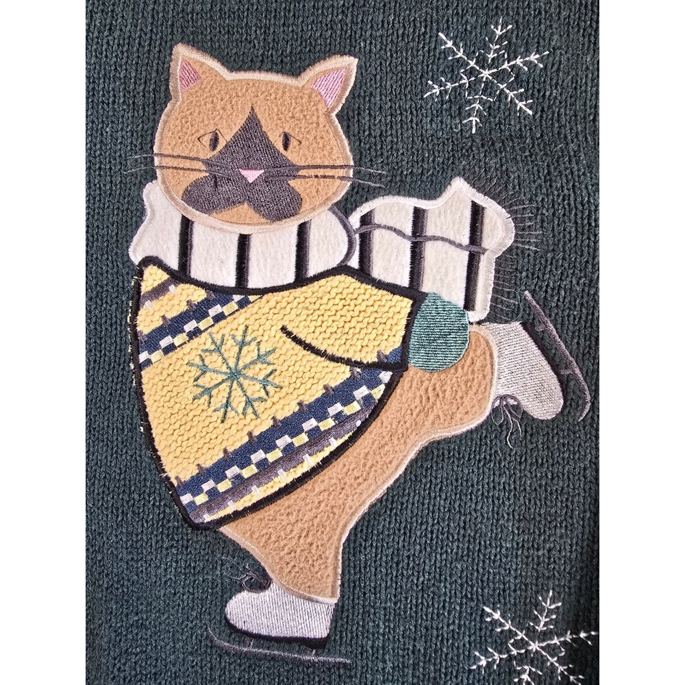 Vtg Christopher & Banks Green Ice Skating Cats Cardigan Sweater Embroidered M - Picture 13 of 13